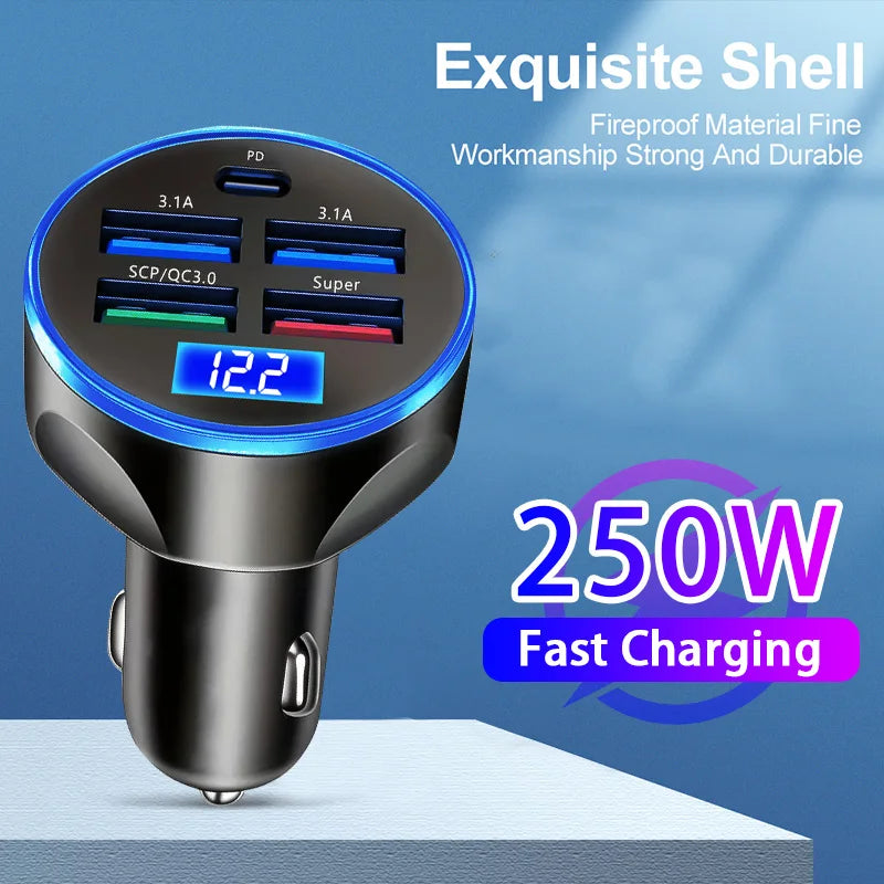 250W 5-in-1 Car Charger Adapter – Power All Your Devices On the Go!