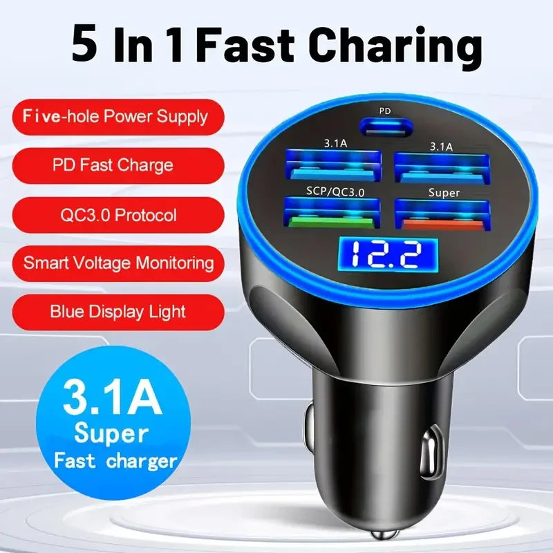 250W 5-in-1 Car Charger Adapter – Power All Your Devices On the Go!